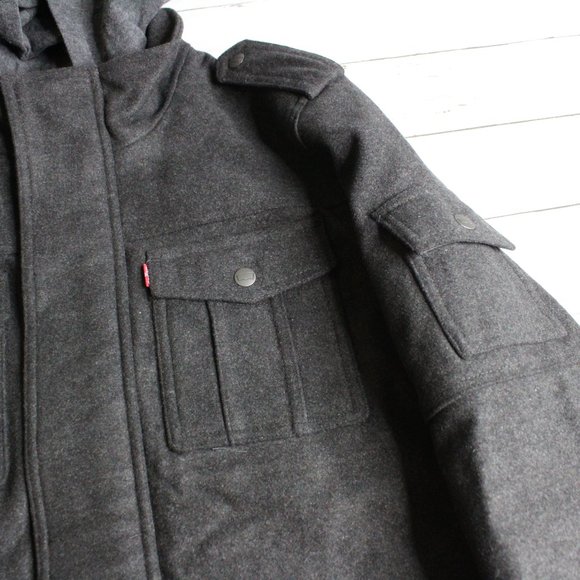 Levi's Men's Wool Military Jacket Size M Charcoal Gray Hooded Quilted - Picture 7 of 7